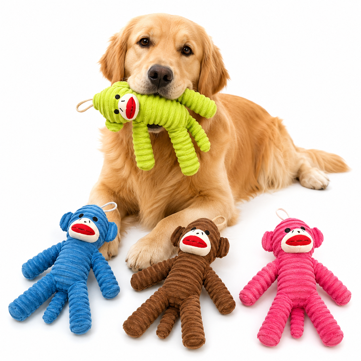 Durable plush dog toy featuring a brown monkey design with a built-in squeaker, perfect for interactive play and engaging your pet. 1