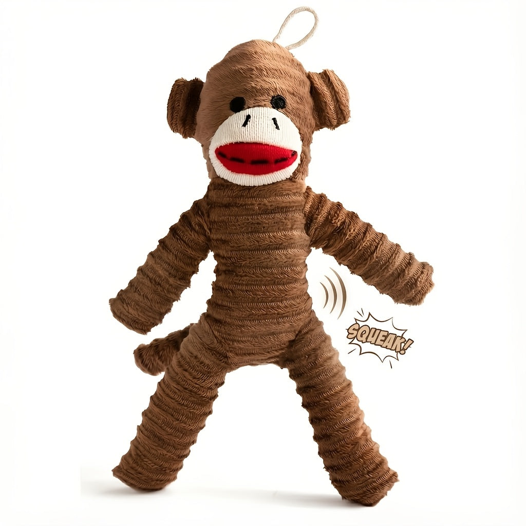 Durable plush dog toy featuring a brown monkey design with a built-in squeaker, perfect for interactive play and engaging your pet. 2
