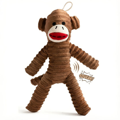 Durable plush dog toy featuring a brown monkey design with a built-in squeaker, perfect for interactive play and engaging your pet. 2