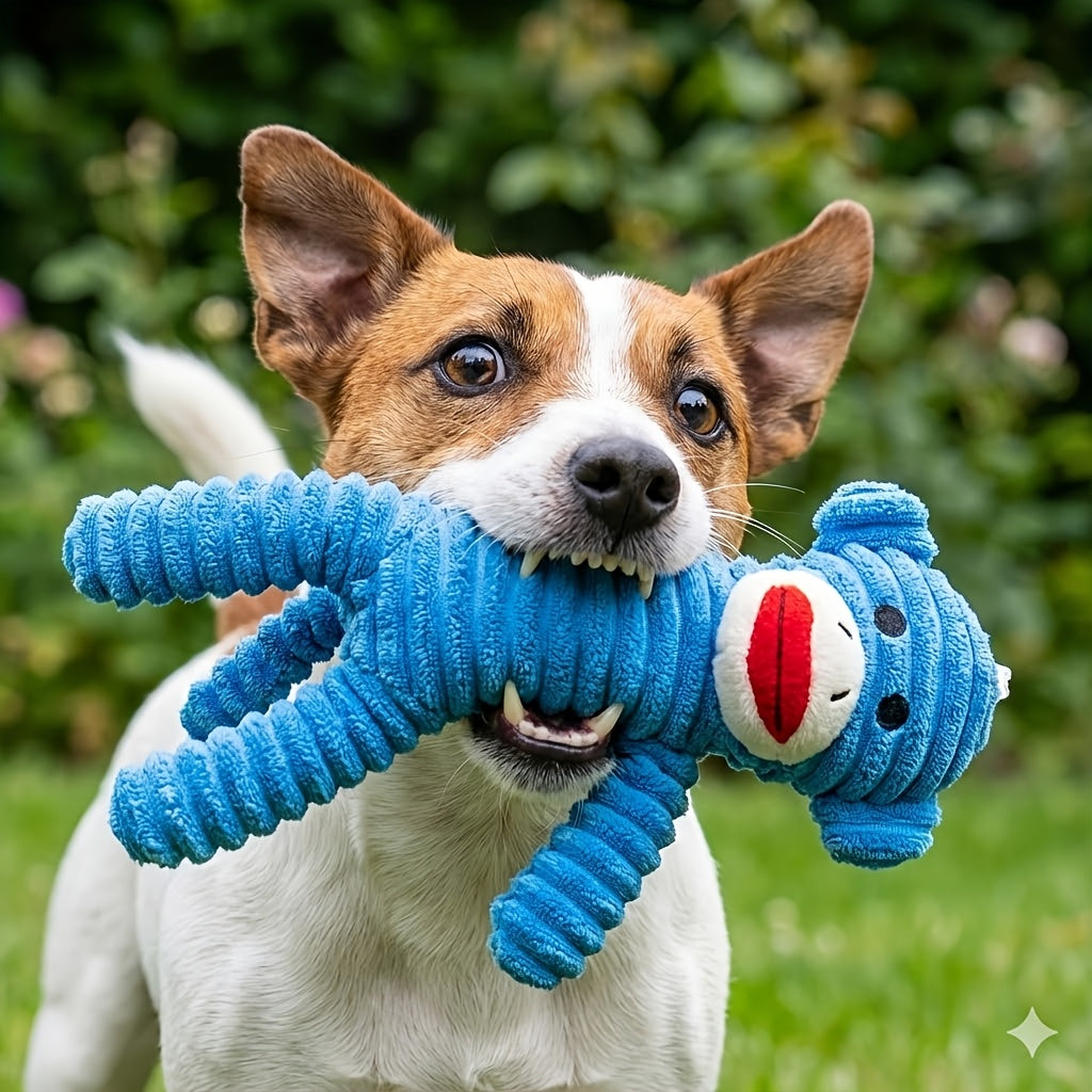 Durable plush dog toy featuring a brown monkey design with a built-in squeaker, perfect for interactive play and engaging your pet. 4