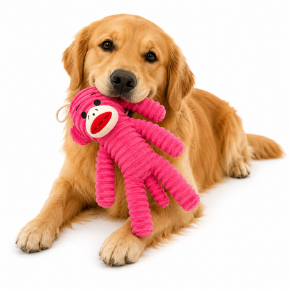Durable plush dog toy featuring a brown monkey design with a built-in squeaker, perfect for interactive play and engaging your pet. 7