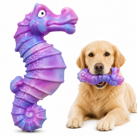 Durable purple seahorse-shaped squeaky dog chew toy designed for aggressive chewers, promoting dental health and providing hours of fun. 0