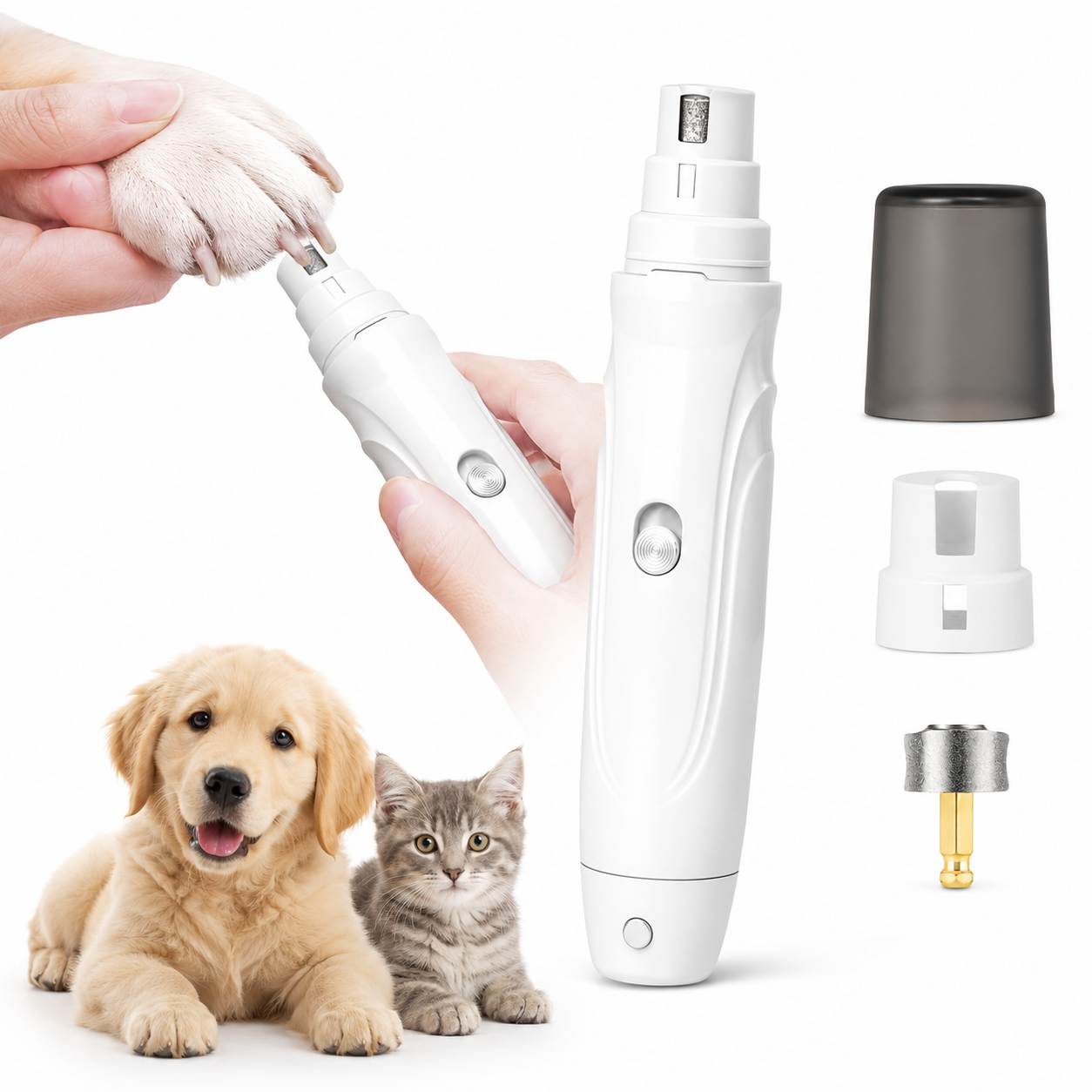 Electric Dog Nail Grinder featuring two-speed control, designed for ergonomic handling and quiet operation, ensuring smooth and stress-free nail trimming for pets. 0