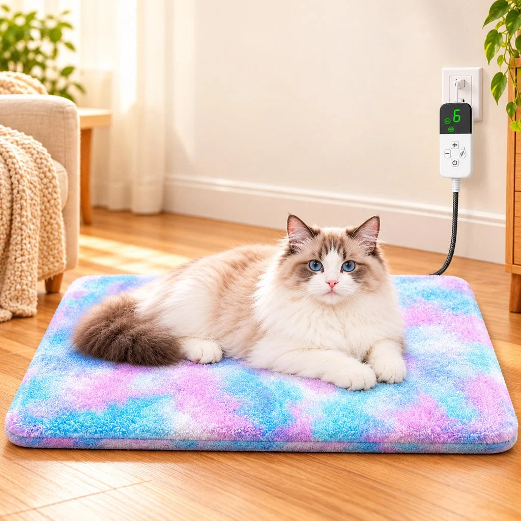 Electric heated dog mat featuring adjustable warmth settings, designed with a soft plush fabric for maximum comfort, perfect for indoor pets to stay cozy and warm. 0