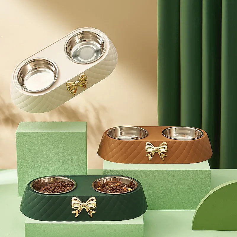 Elegant Stainless Steel Pet Bowl Set with Bow Tie Design – Durable and Stylish Feeding Solution 1