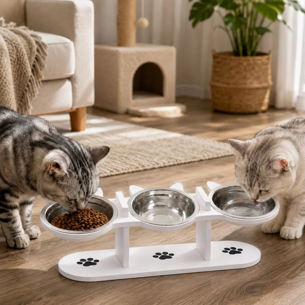 Elevated cat feeder featuring removable stainless steel bowls and a sleek wooden design, promoting comfortable eating for cats. 0