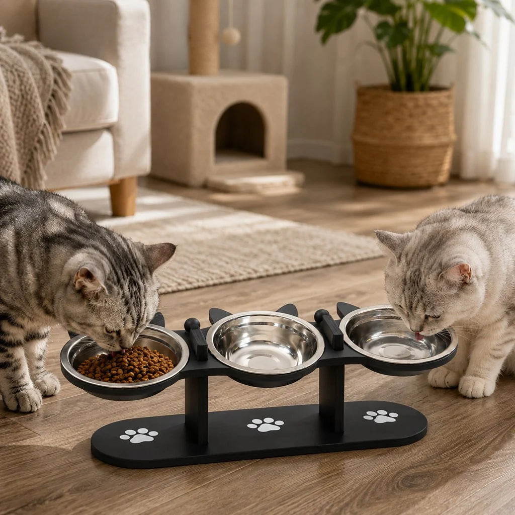 Elevated cat feeder featuring removable stainless steel bowls and a sleek wooden design, promoting comfortable eating for cats. 1