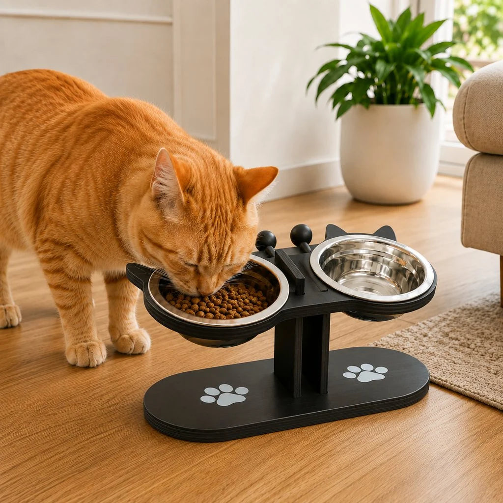 Elevated cat feeder featuring removable stainless steel bowls and a sleek wooden design, promoting comfortable eating for cats. 2