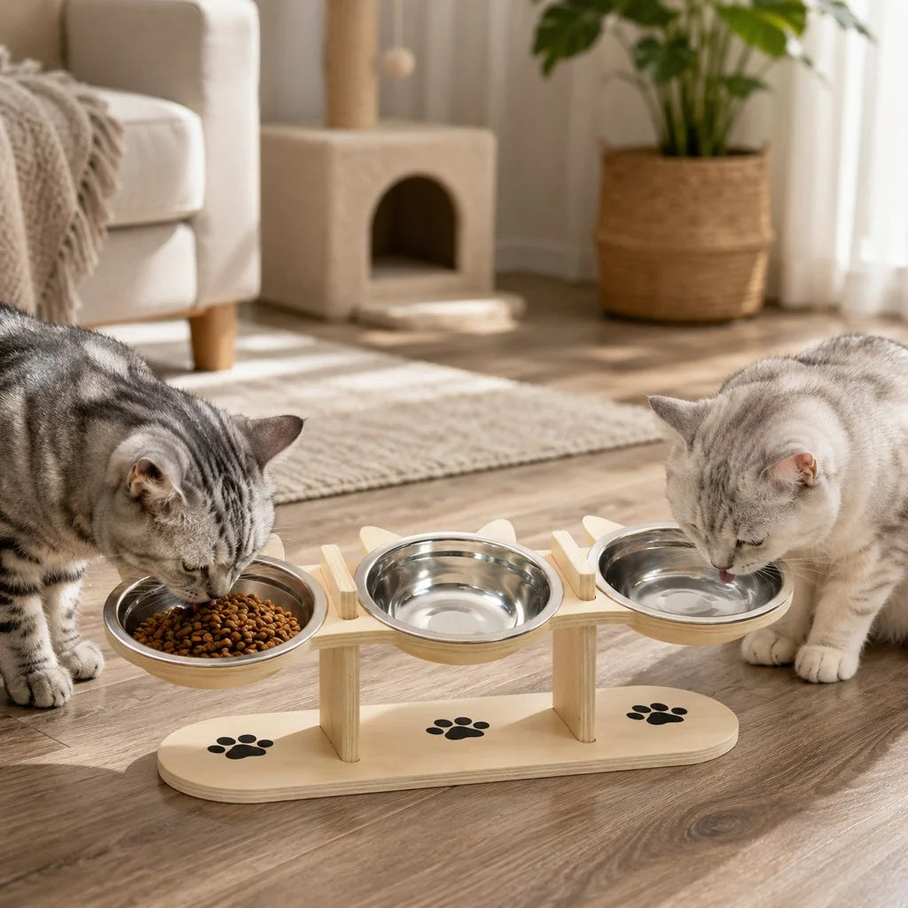 Elevated cat feeder featuring removable stainless steel bowls and a sleek wooden design, promoting comfortable eating for cats. 3