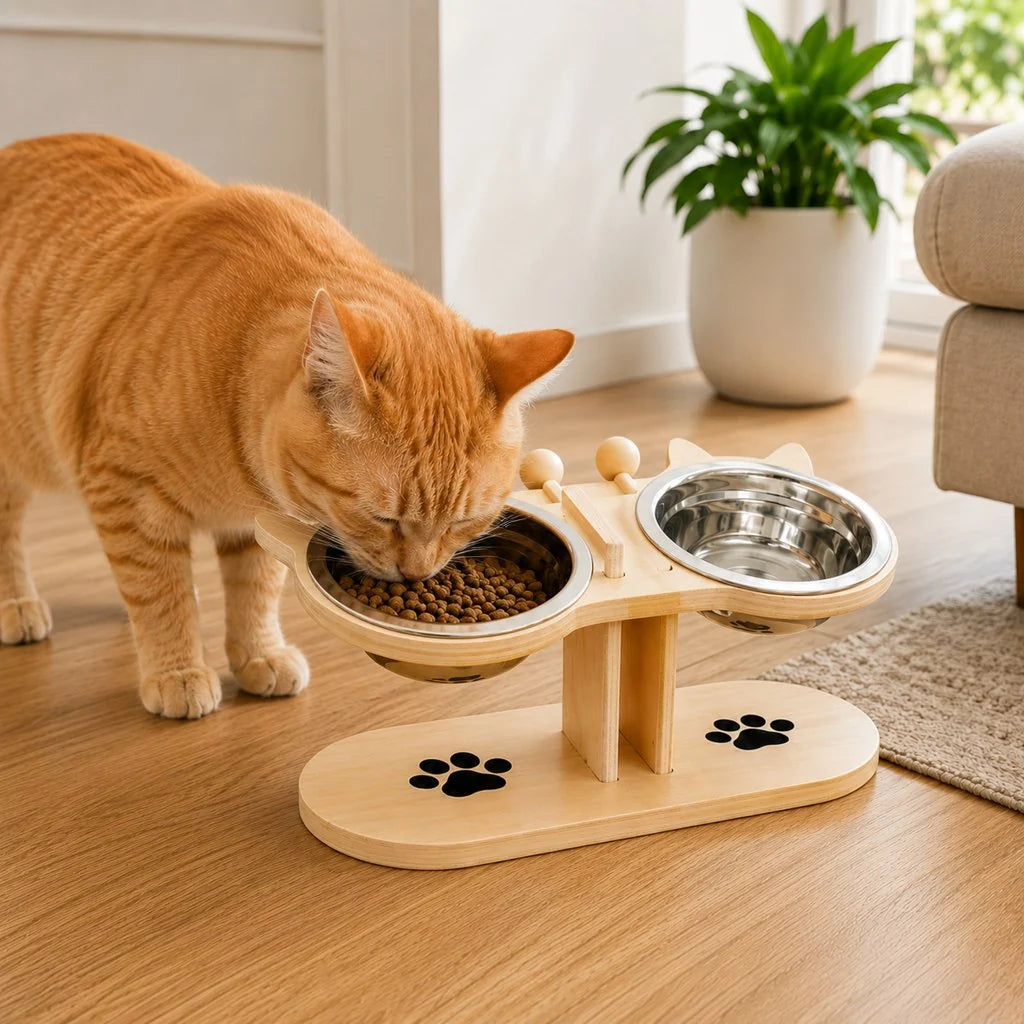 Elevated cat feeder featuring removable stainless steel bowls and a sleek wooden design, promoting comfortable eating for cats. 4