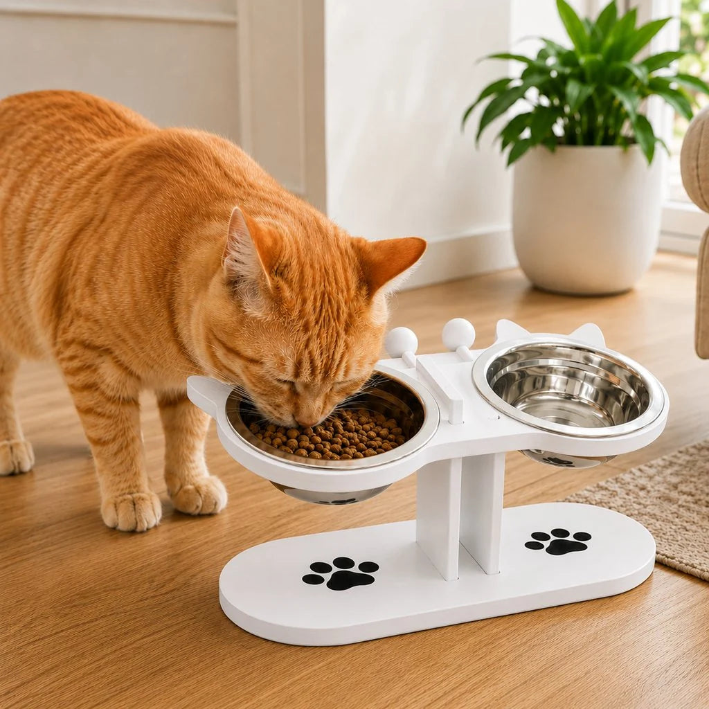 Elevated cat feeder featuring removable stainless steel bowls and a sleek wooden design, promoting comfortable eating for cats. 9