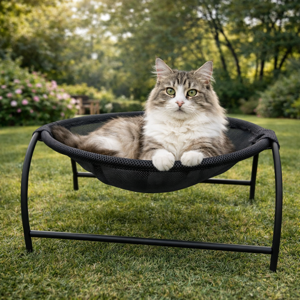 Elevated cat hammock bed featuring breathable mesh fabric and a sturdy sofa-style frame, perfect for indoor lounging and relaxation. 1
