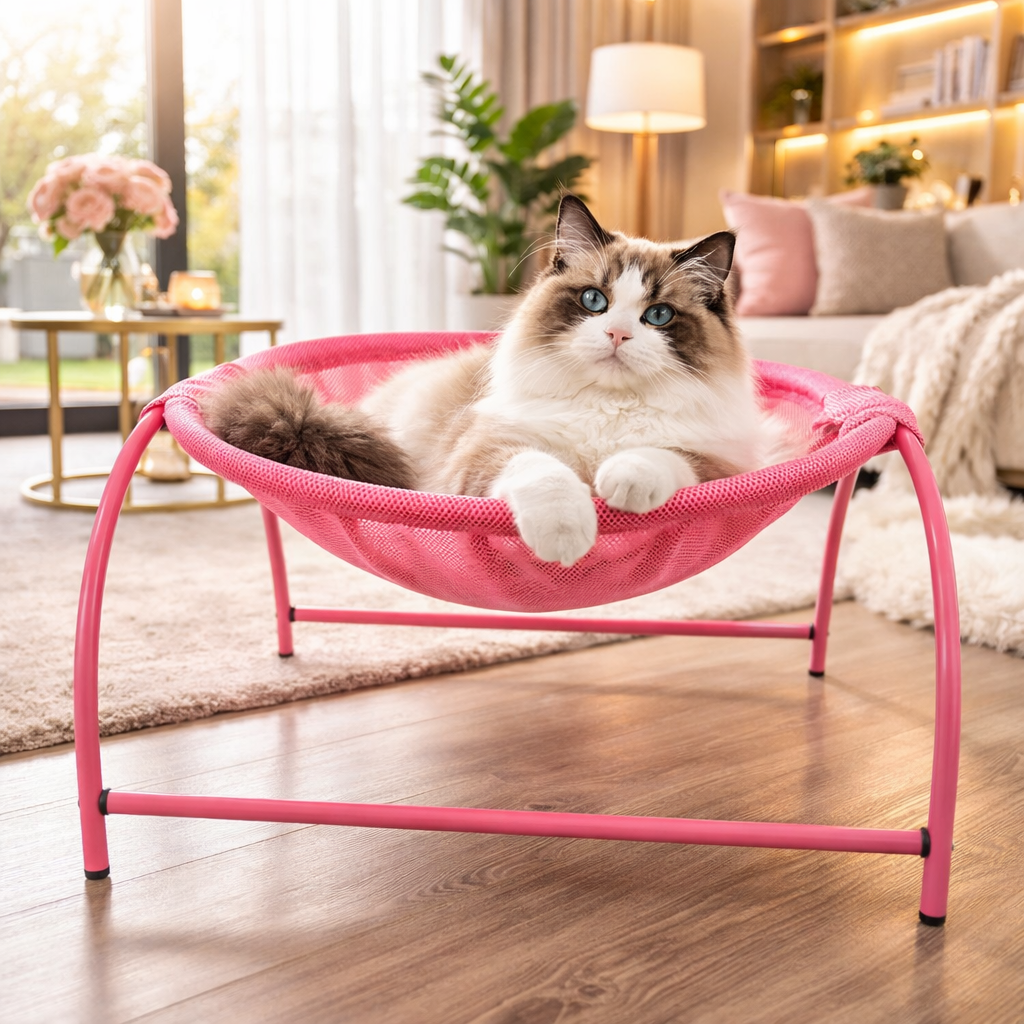Elevated cat hammock bed featuring breathable mesh fabric and a sturdy sofa-style frame, perfect for indoor lounging and relaxation. 2