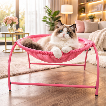 Elevated cat hammock bed featuring breathable mesh fabric and a sturdy sofa-style frame, perfect for indoor lounging and relaxation. 2