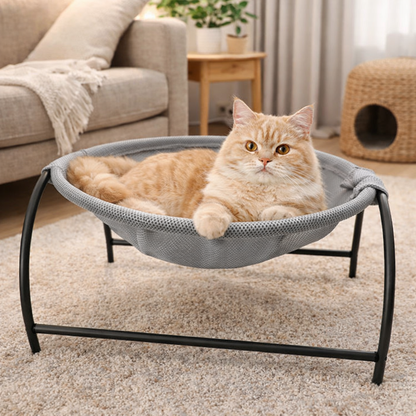 Elevated cat hammock bed featuring breathable mesh fabric and a sturdy sofa-style frame, perfect for indoor lounging and relaxation. 3