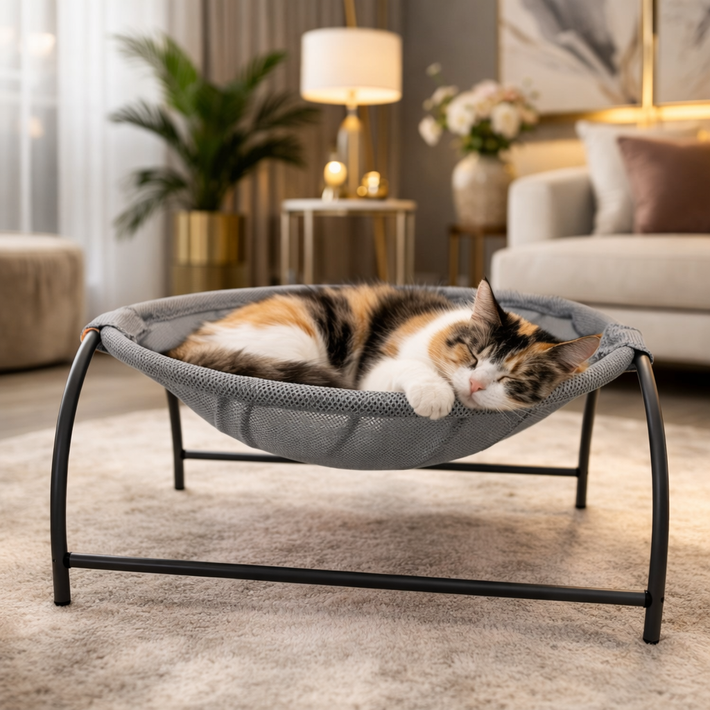 Elevated cat hammock bed featuring breathable mesh fabric and a sturdy sofa-style frame, perfect for indoor lounging and relaxation. 4