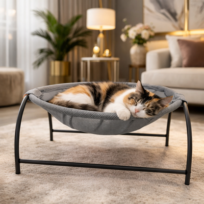 Elevated cat hammock bed featuring breathable mesh fabric and a sturdy sofa-style frame, perfect for indoor lounging and relaxation. 4