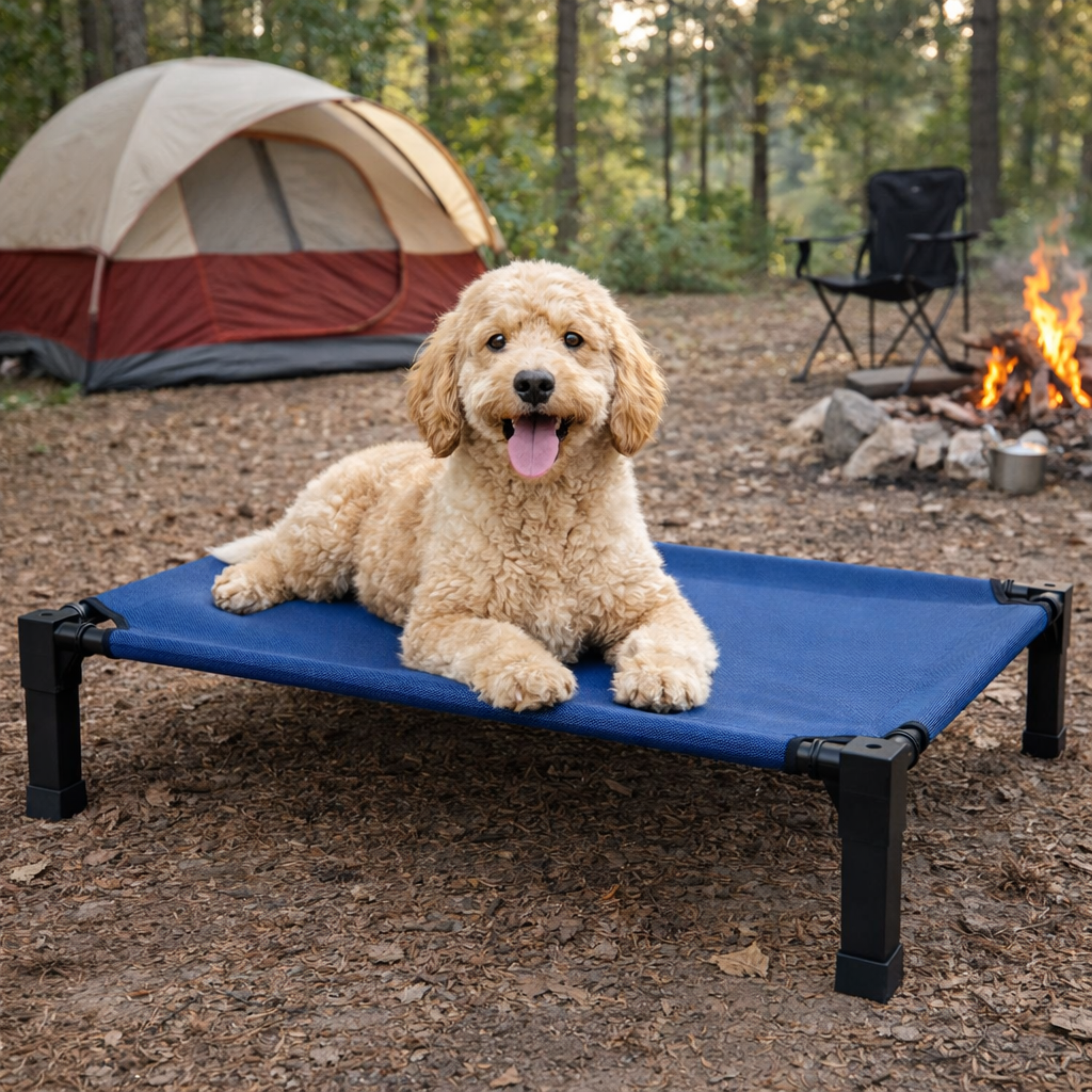 Elevated dog bed featuring a breathable mesh surface and a durable steel frame, designed to be chew-proof for both indoor and outdoor use. 1