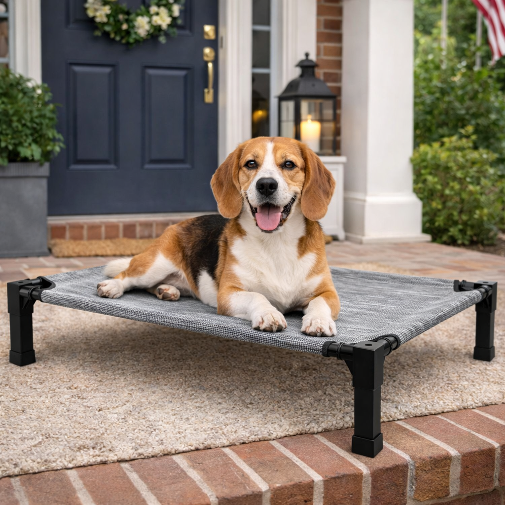 Elevated dog bed featuring a breathable mesh surface and a durable steel frame, designed to be chew-proof for both indoor and outdoor use. 3