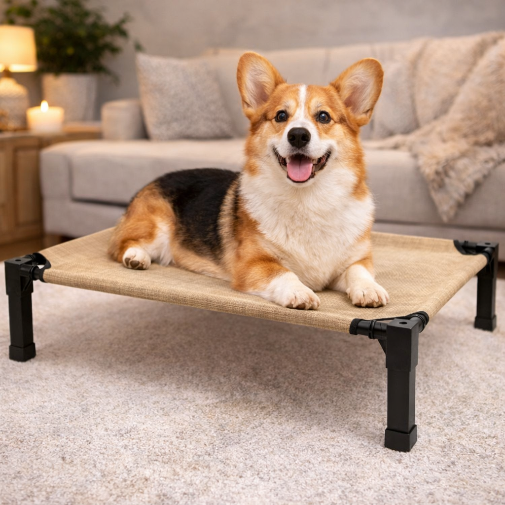 Elevated dog bed featuring a breathable mesh surface and a durable steel frame, designed to be chew-proof for both indoor and outdoor use. 5