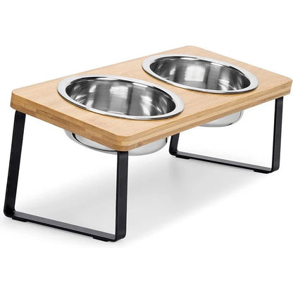 Elevated Dog and Cat Food Bowl with Wooden Stand and Stainless Steel Bowls 0
