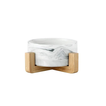 Elevated Marble Ceramic Pet Bowl with Wooden Stand for Small Dogs and Cats – Stylish Double Bowl for Food and Water 0