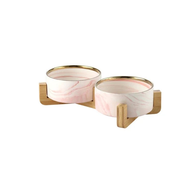 Elevated Marble Ceramic Pet Bowl with Wooden Stand for Small Dogs and Cats – Stylish Double Bowl for Food and Water 10