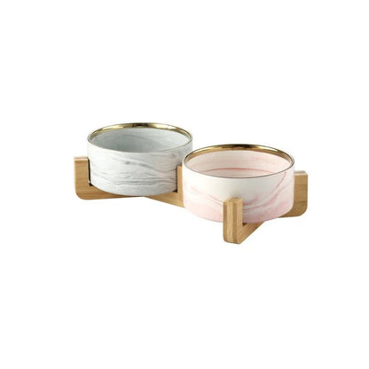 Elevated Marble Ceramic Pet Bowl with Wooden Stand for Small Dogs and Cats – Stylish Double Bowl for Food and Water 11