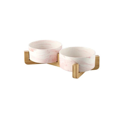 Elevated Marble Ceramic Pet Bowl with Wooden Stand for Small Dogs and Cats – Stylish Double Bowl for Food and Water 14