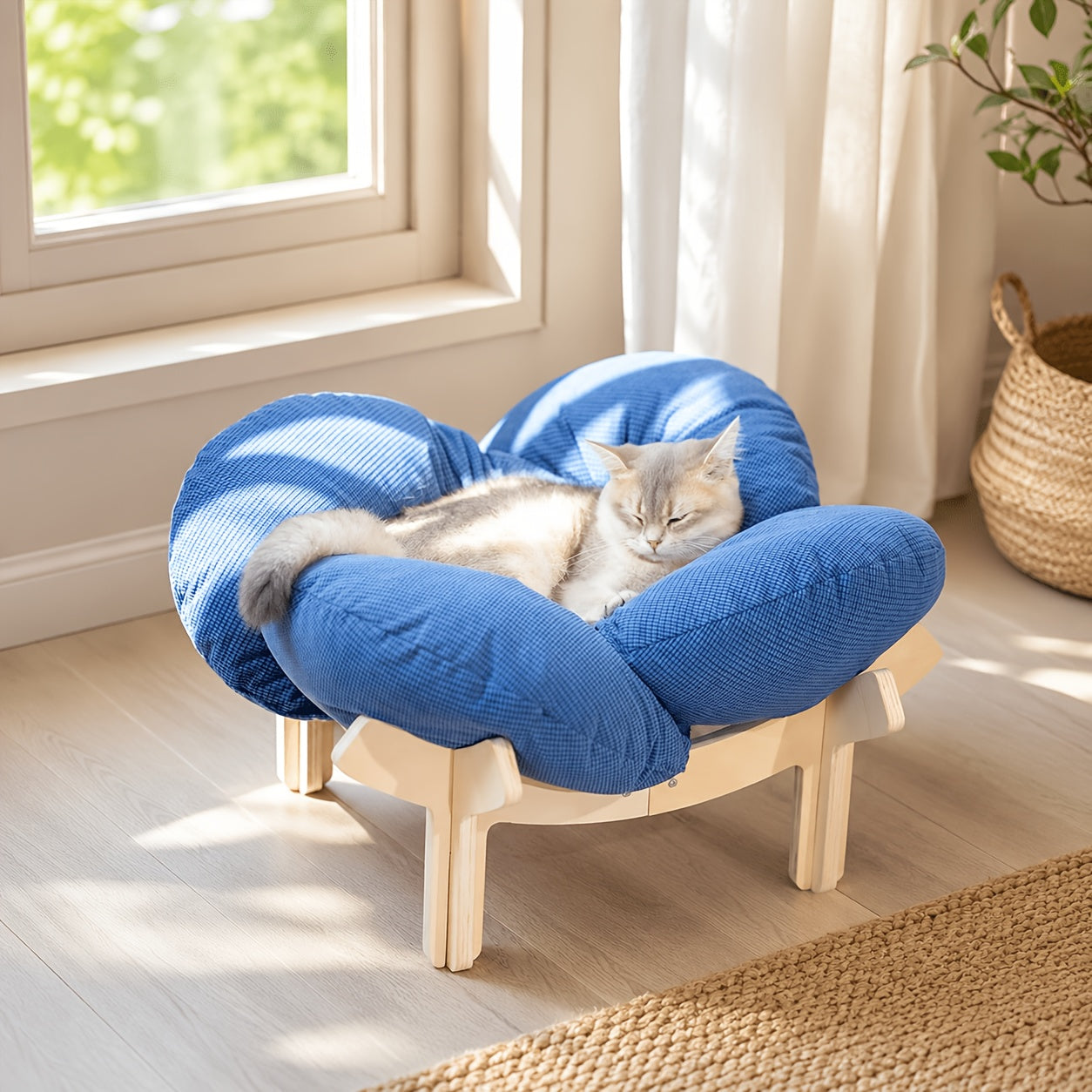 Elevated pet bed with a washable cushion, featuring a modern wooden design, ideal for cats and small dogs. 0