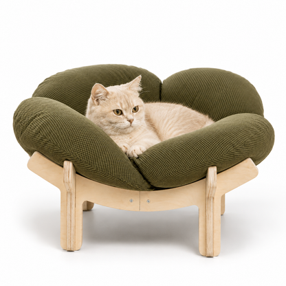 Elevated pet bed with a washable cushion, featuring a modern wooden design, ideal for cats and small dogs. 1