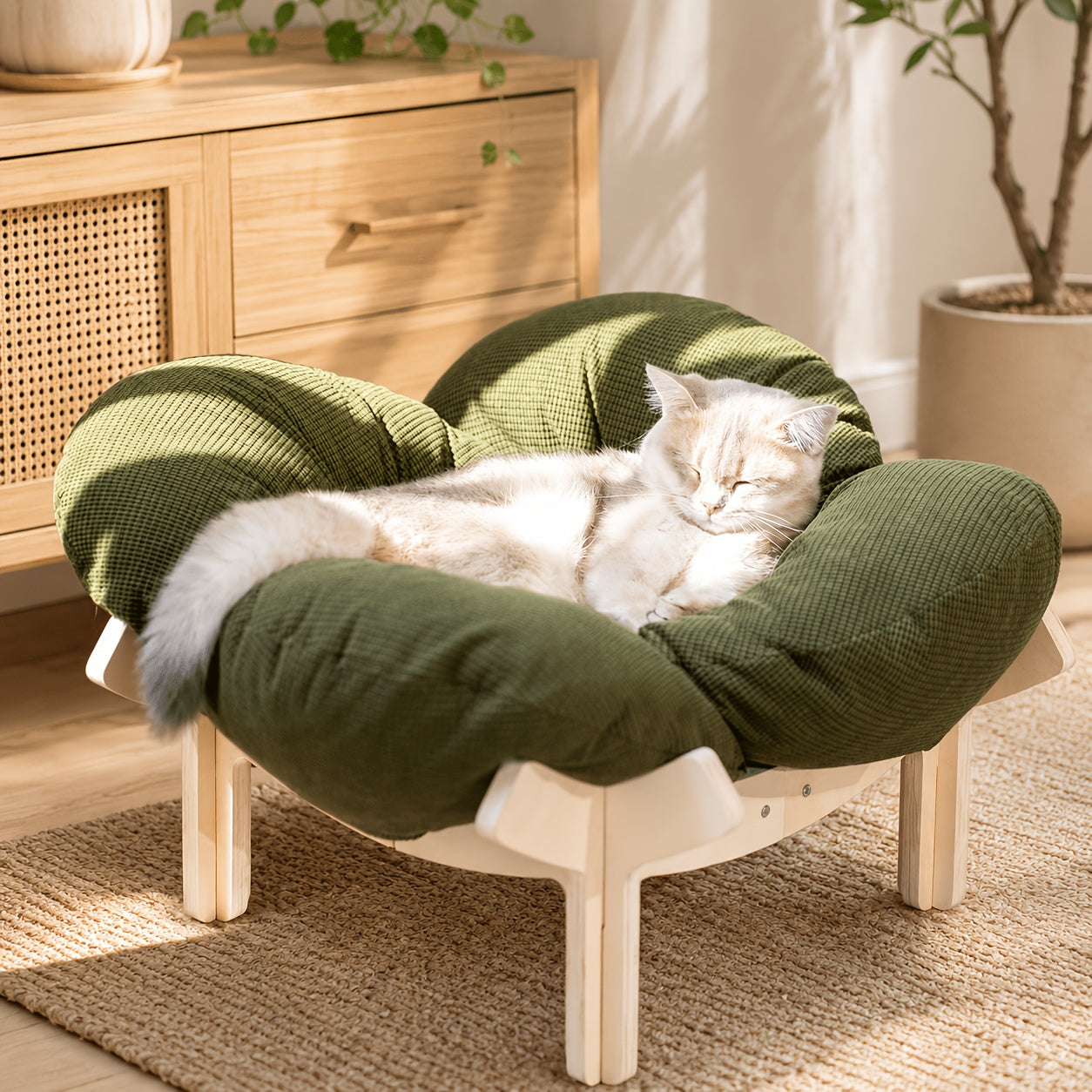 Elevated pet bed with a washable cushion, featuring a modern wooden design, ideal for cats and small dogs. 11