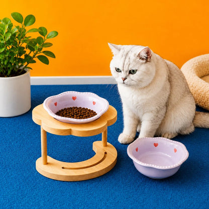 Elevated pet bowl featuring a tilted design, ideal for cats and small dogs, made of glazed ceramic and supported by a stylish wooden stand. 0