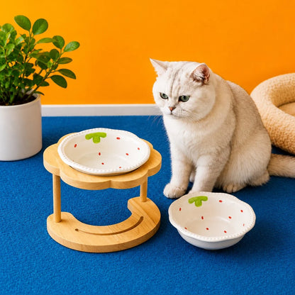 Elevated pet bowl featuring a tilted design, ideal for cats and small dogs, made of glazed ceramic and supported by a stylish wooden stand. 1