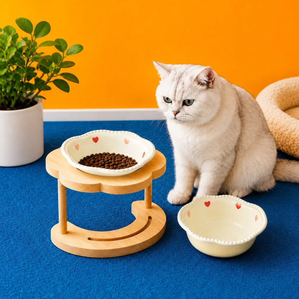 Elevated pet bowl featuring a tilted design, ideal for cats and small dogs, made of glazed ceramic and supported by a stylish wooden stand. 11