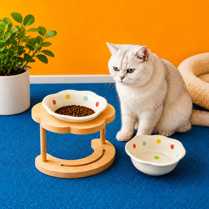 Elevated pet bowl featuring a tilted design, ideal for cats and small dogs, made of glazed ceramic and supported by a stylish wooden stand. 12