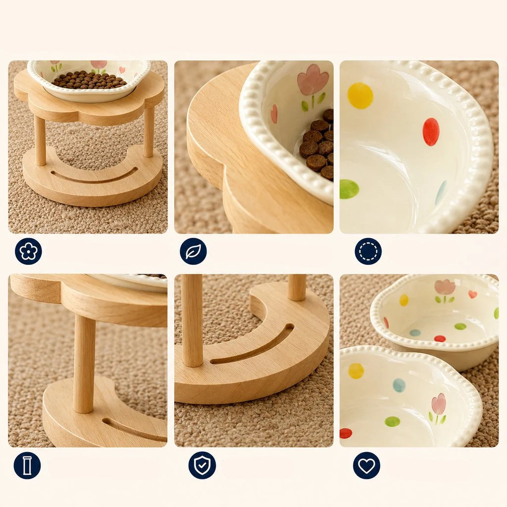 Elevated pet bowl featuring a tilted design, ideal for cats and small dogs, made of glazed ceramic and supported by a stylish wooden stand. 5
