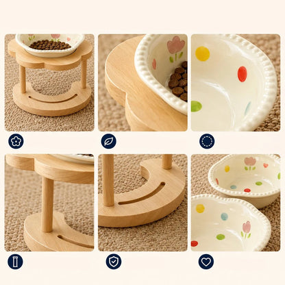 Elevated pet bowl featuring a tilted design, ideal for cats and small dogs, made of glazed ceramic and supported by a stylish wooden stand. 5