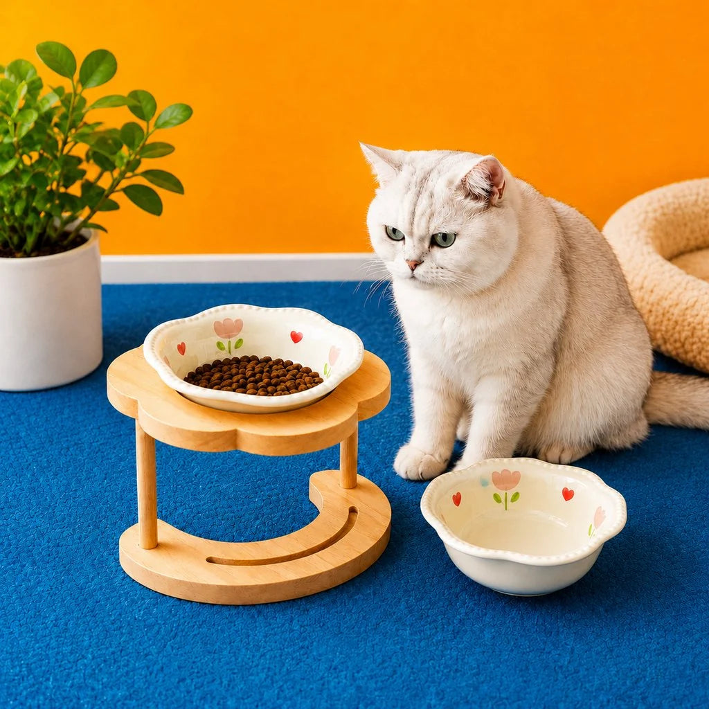Elevated pet bowl featuring a tilted design, ideal for cats and small dogs, made of glazed ceramic and supported by a stylish wooden stand. 8