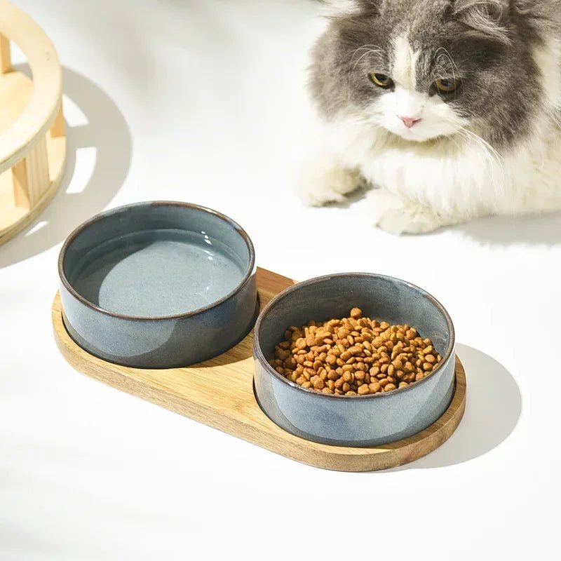 Ergonomic Ceramic Pet Bowl with Wooden Coaster – Stylish Dog and Cat Food Dish, 15cm Diameter, Dishwasher Safe 5