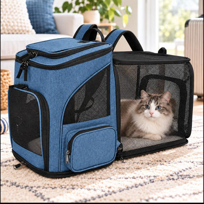 Expandable pet carrier backpack designed for cats and small dogs, featuring breathable mesh panels for ventilation and comfort, perfect for travel. 0