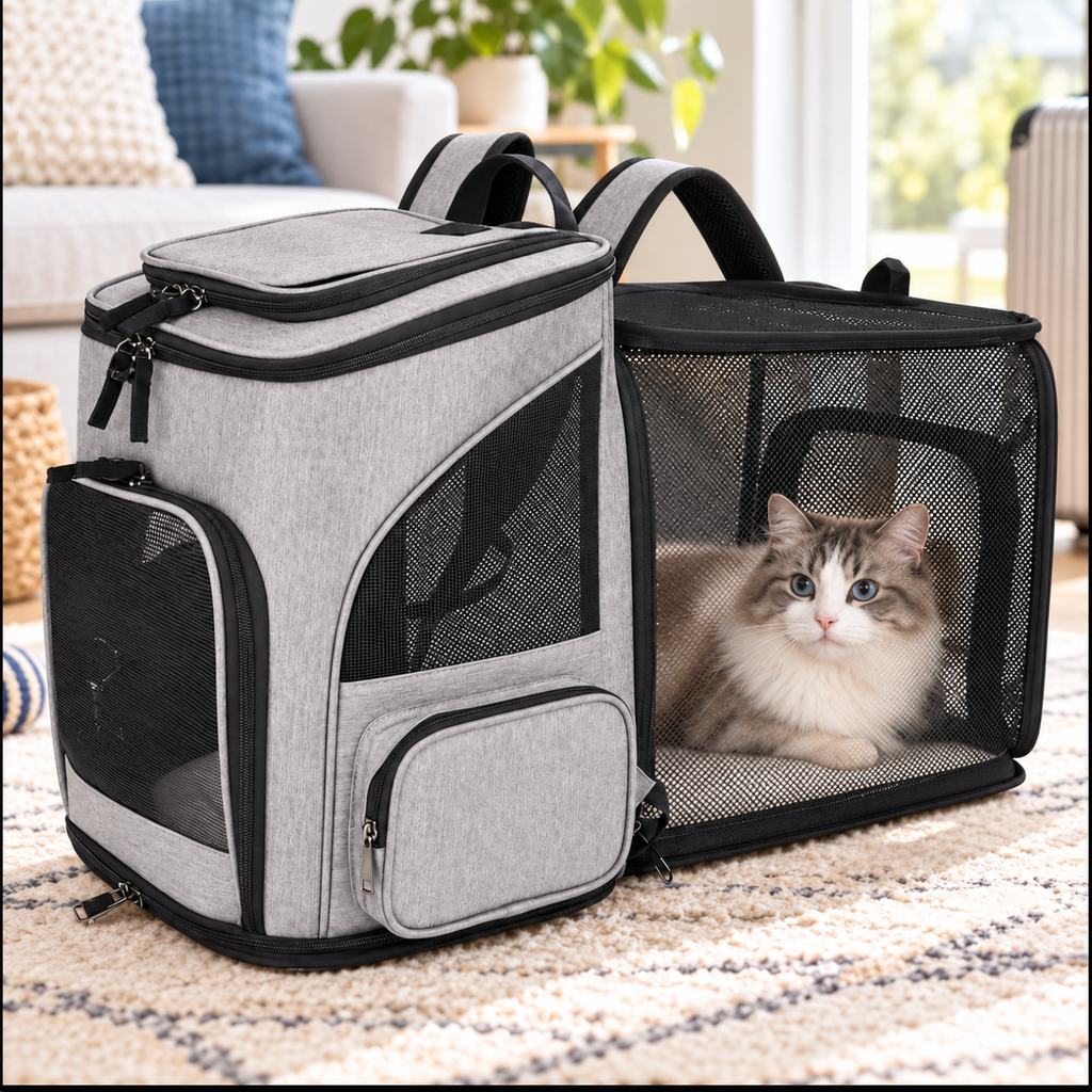 Expandable pet carrier backpack designed for cats and small dogs, featuring breathable mesh panels for ventilation and comfort, perfect for travel. 1