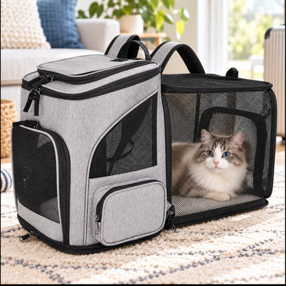 Expandable pet carrier backpack designed for cats and small dogs, featuring breathable mesh panels for ventilation and comfort, perfect for travel. 1