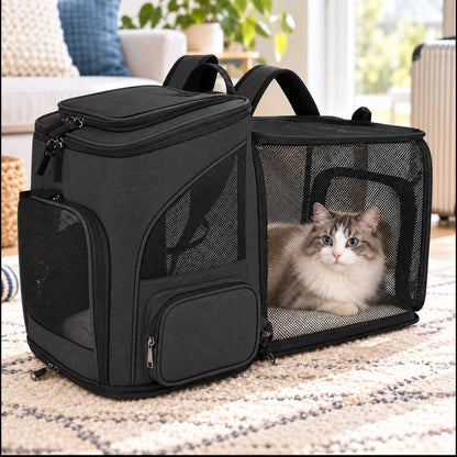 Expandable pet carrier backpack designed for cats and small dogs, featuring breathable mesh panels for ventilation and comfort, perfect for travel. 9
