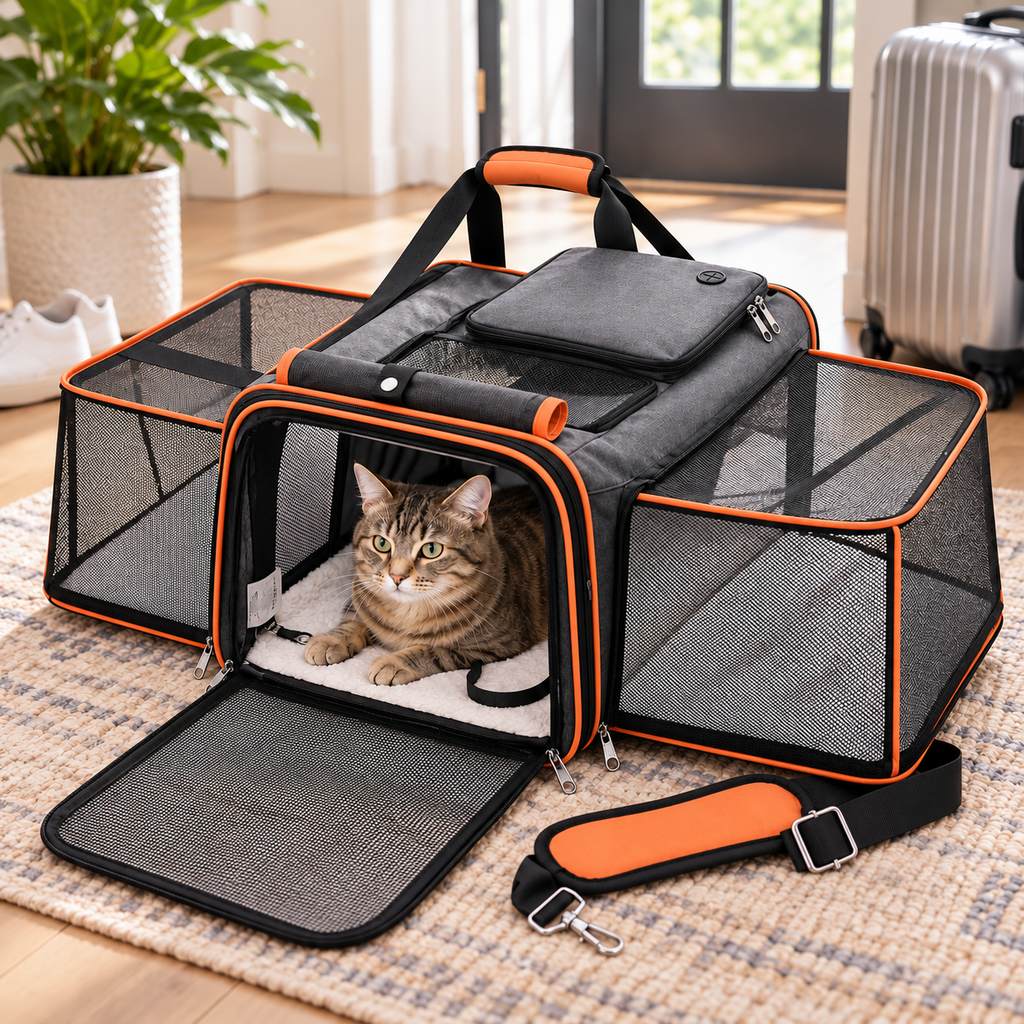 Expandable pet carrier for cats and small dogs featuring breathable mesh and dual-sided expansion for comfortable travel. 0