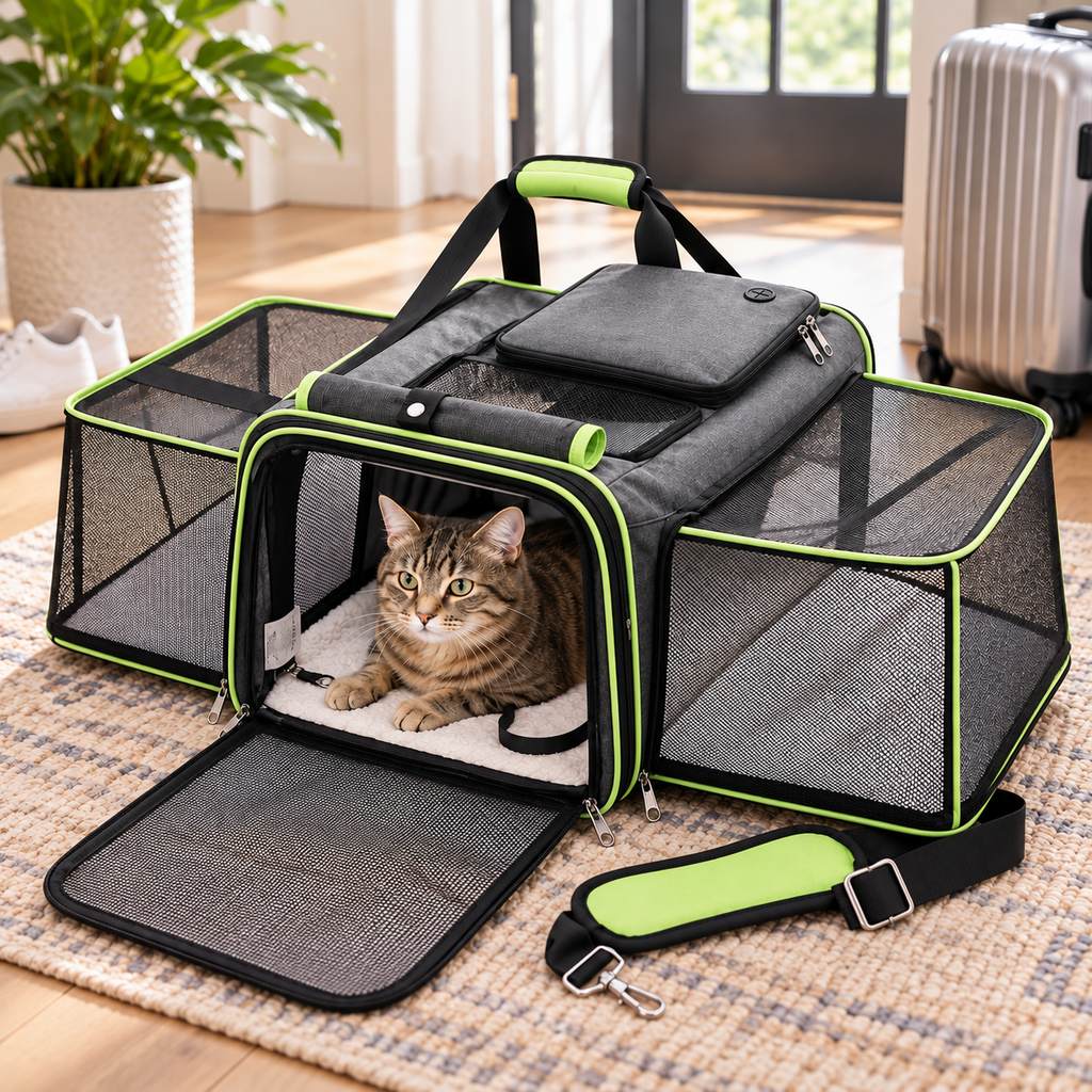Expandable pet carrier for cats and small dogs featuring breathable mesh and dual-sided expansion for comfortable travel. 1