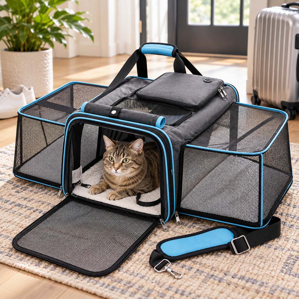 Expandable pet carrier for cats and small dogs featuring breathable mesh and dual-sided expansion for comfortable travel. 2