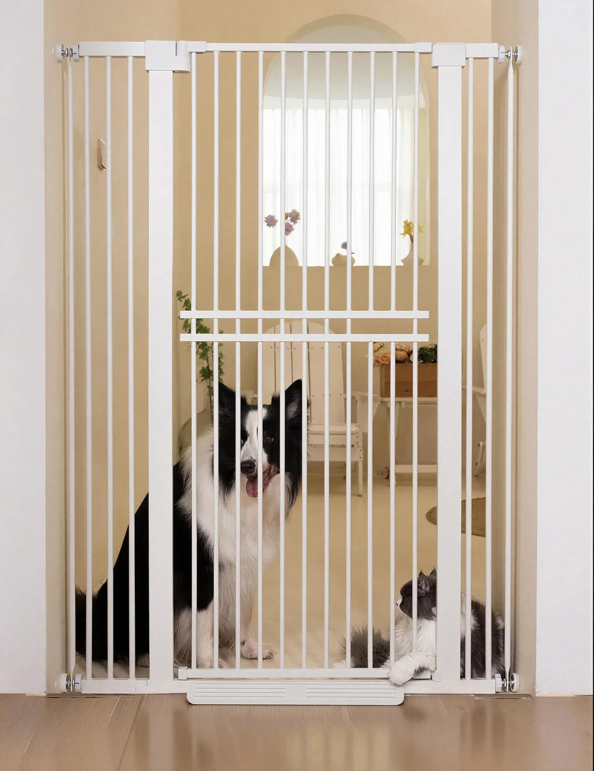 Extra-tall dog gate with walk-through door, 55-inch indoor barrier for pets, adjustable width 29-40 inches, sturdy and stylish design 0