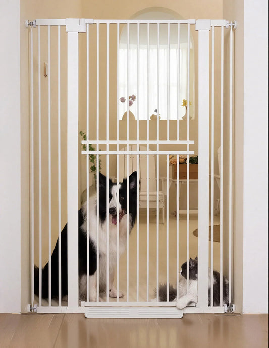 Extra-tall dog gate with walk-through door, 55-inch indoor barrier for pets, adjustable width 29-40 inches, sturdy and stylish design 0