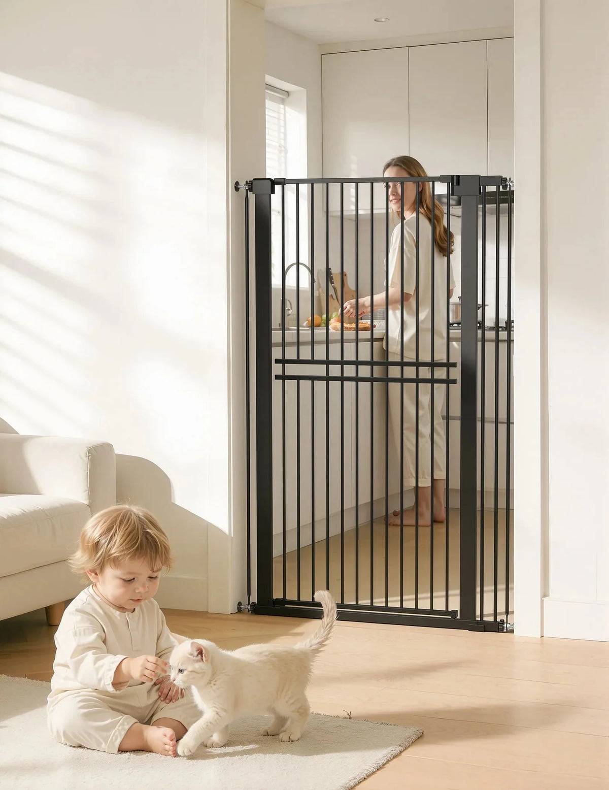 Extra-tall dog gate with walk-through door, 55-inch indoor barrier for pets, adjustable width 29-40 inches, sturdy and stylish design 8